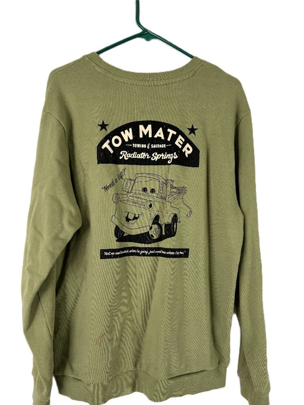 Disney Parks 2024 Tow Mater Crew Sweatshirt M Green
